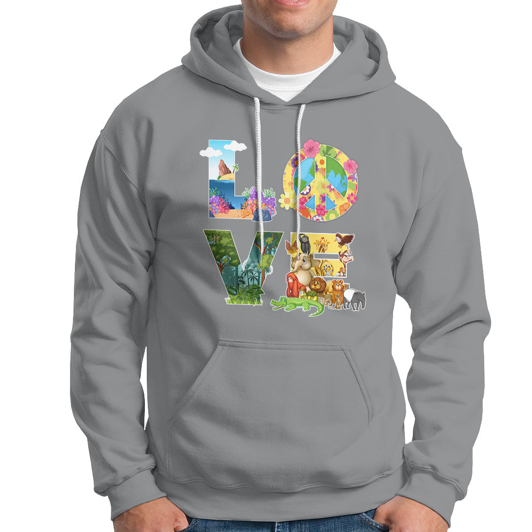 Sport gray pullover hoodie with front pocket and colorful Earth-themed graphic on chest