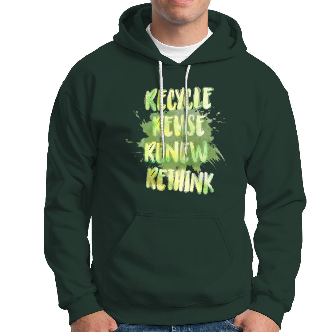 Dark forest green pullover hoodie with neon graphic text "Recycle" front and kangaroo pocket.