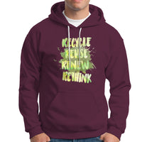 Maroon pullover hoodie with neon graphic text "Recycle" front and kangaroo pocket.