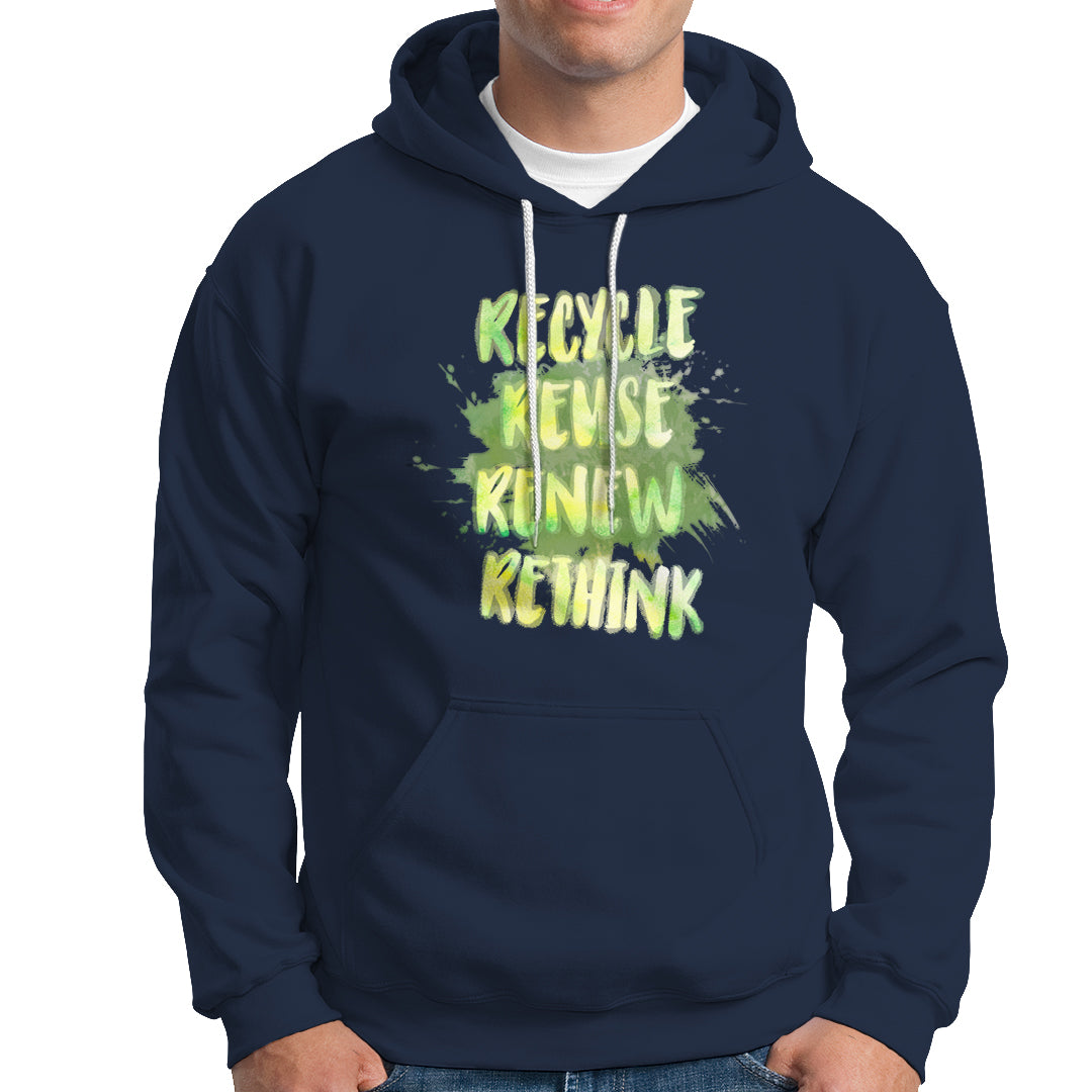 Navy pullover hoodie with neon graphic text "Recycle" front and kangaroo pocket.