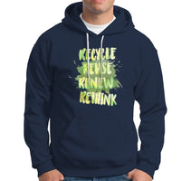 Navy pullover hoodie with neon graphic text "Recycle" front and kangaroo pocket.