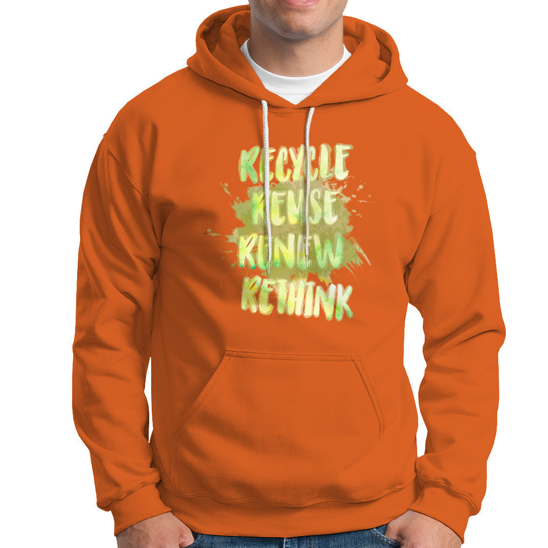 Orange pullover hoodie with neon graphic text "Recycle" front and kangaroo pocket.