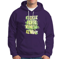 Purple pullover hoodie with neon graphic text "Recycle" front and kangaroo pocket.