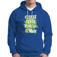 Royal blue pullover hoodie with neon graphic text "Recycle" front and kangaroo pocket.