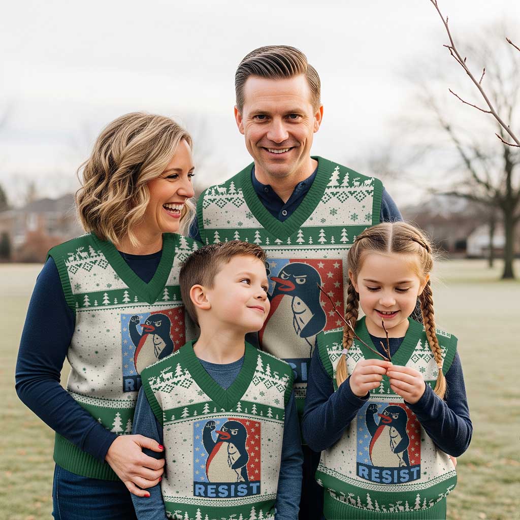 Funny Penguin Resist Graphic V-Neck Knit Sweater Vest Resist Protest Against Tariffs - Wonder Print Shop