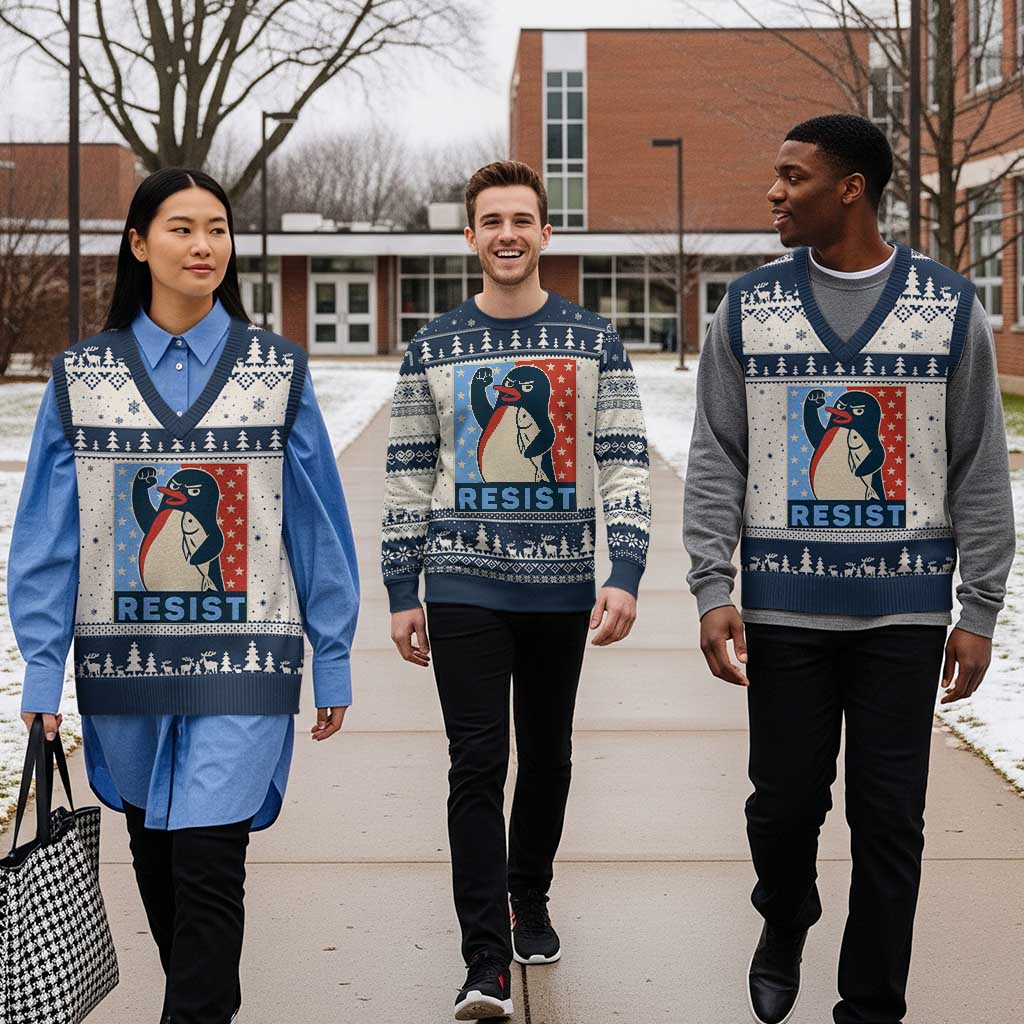 Funny Penguin Resist Graphic V-Neck Knit Sweater Vest Resist Protest Against Tariffs - Wonder Print Shop