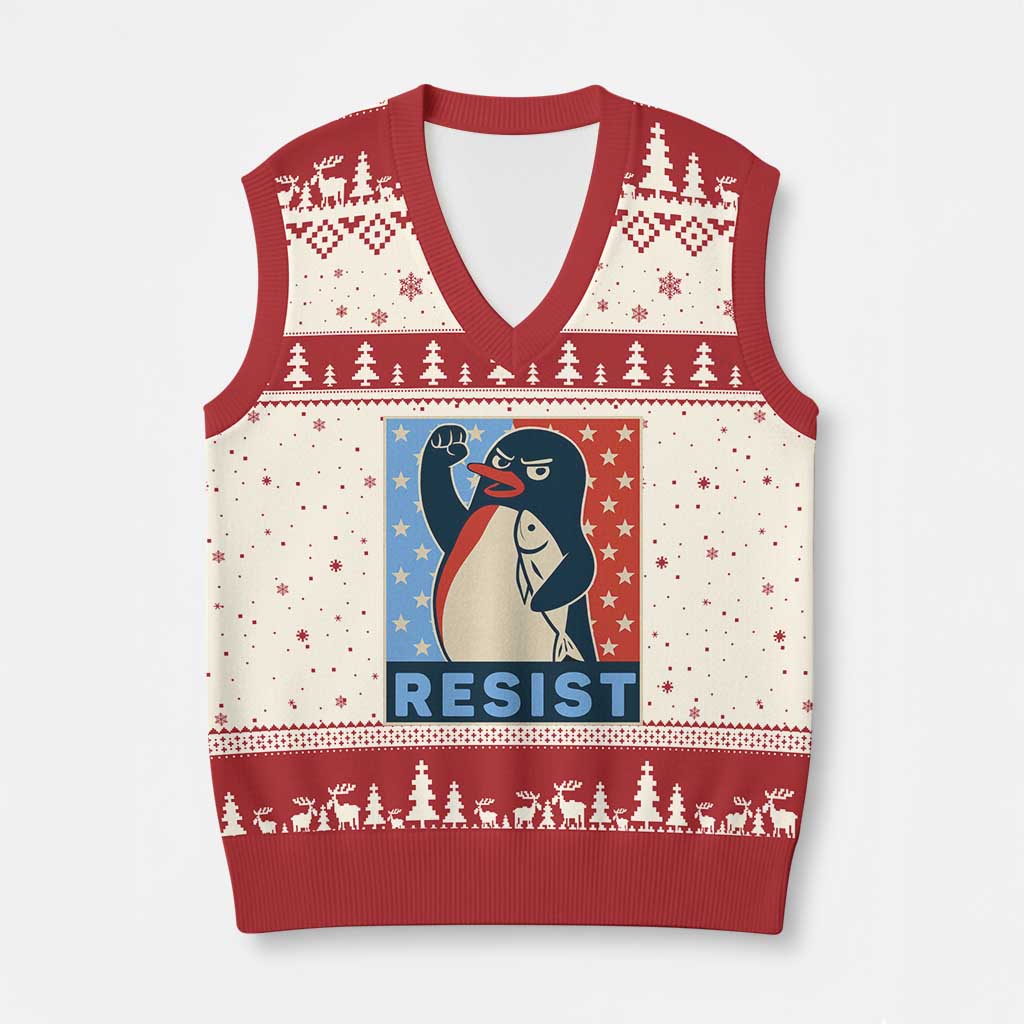 Funny Penguin Resist Graphic V-Neck Knit Sweater Vest Resist Protest Against Tariffs - Wonder Print Shop