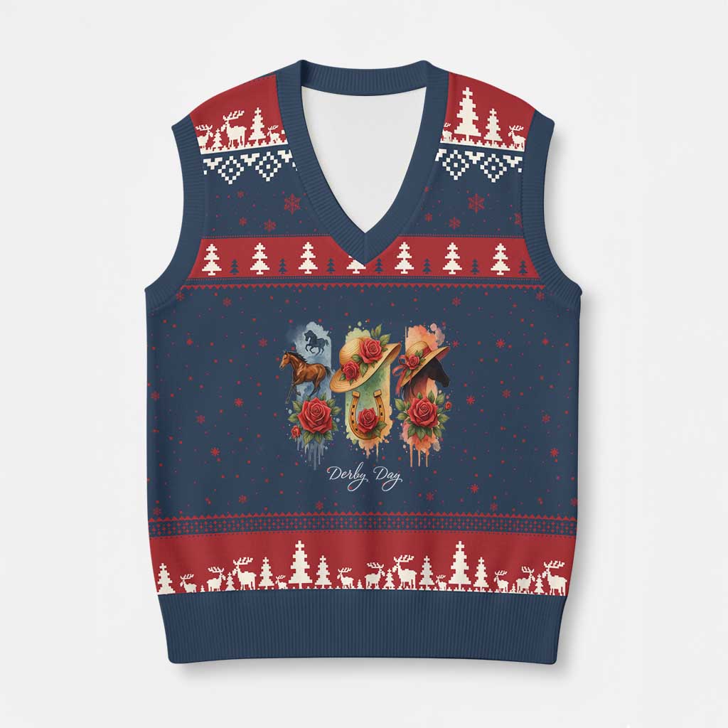 Ky Derby Day V-Neck Knit Sweater Vest Horse Racing Nice Hat Mint Julep and Roses - Wonder Print Shop