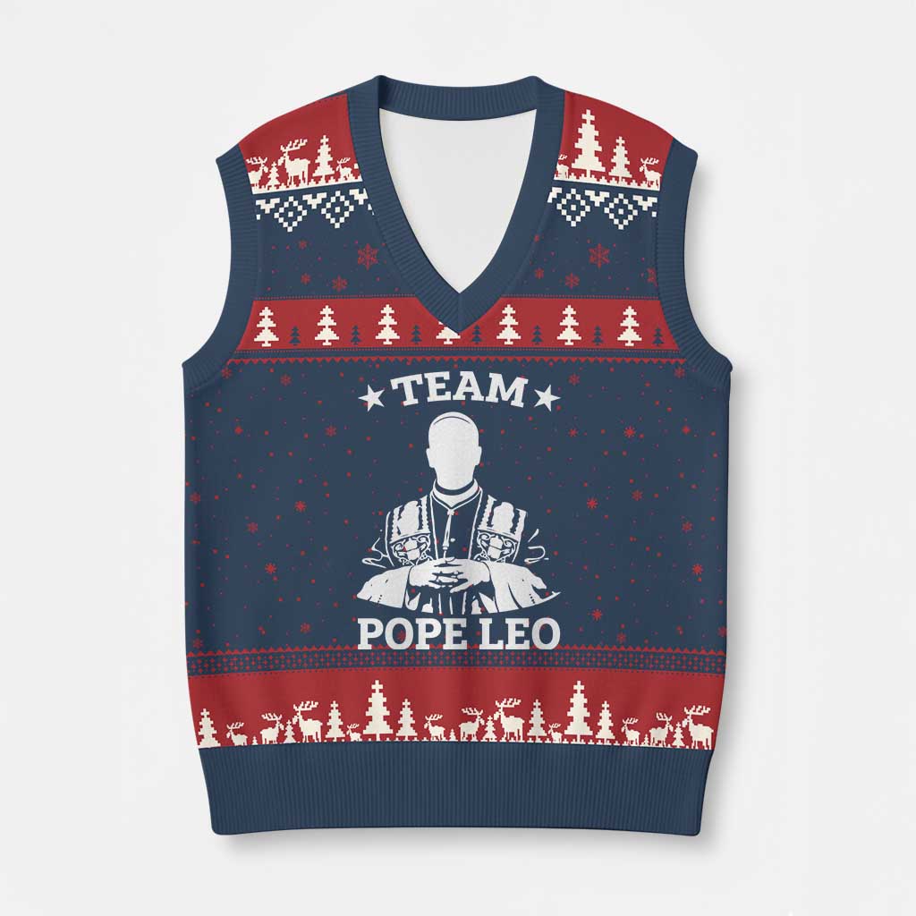 Team Pope Leo XIV V-Neck Knit Sweater Vest Vintage Catholic Faith Historical Religious Support