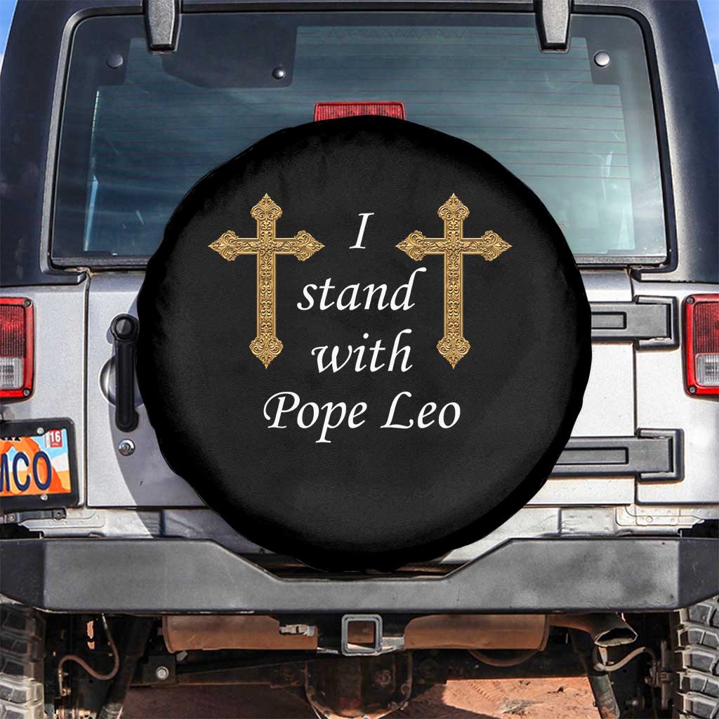 I Stand With Pope Leo Faith Graphic Spare Tire Cover Catholic Ornate Gold Cross