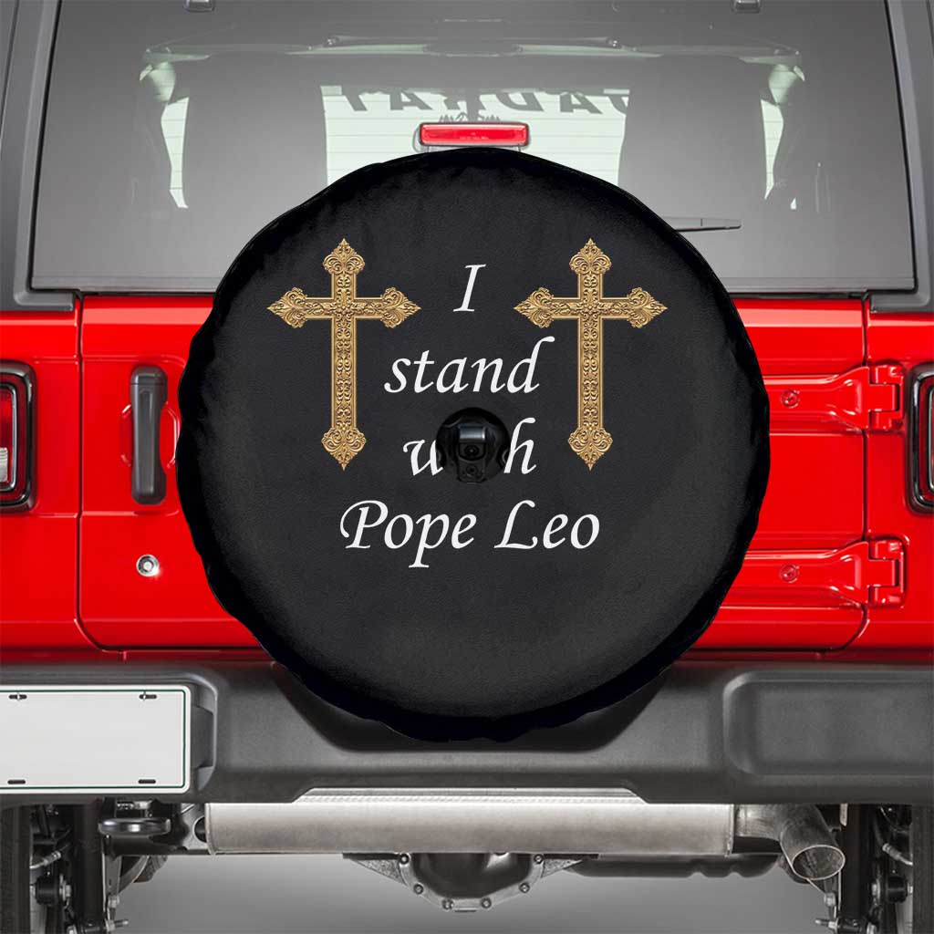 I Stand With Pope Leo Faith Graphic Spare Tire Cover Catholic Ornate Gold Cross