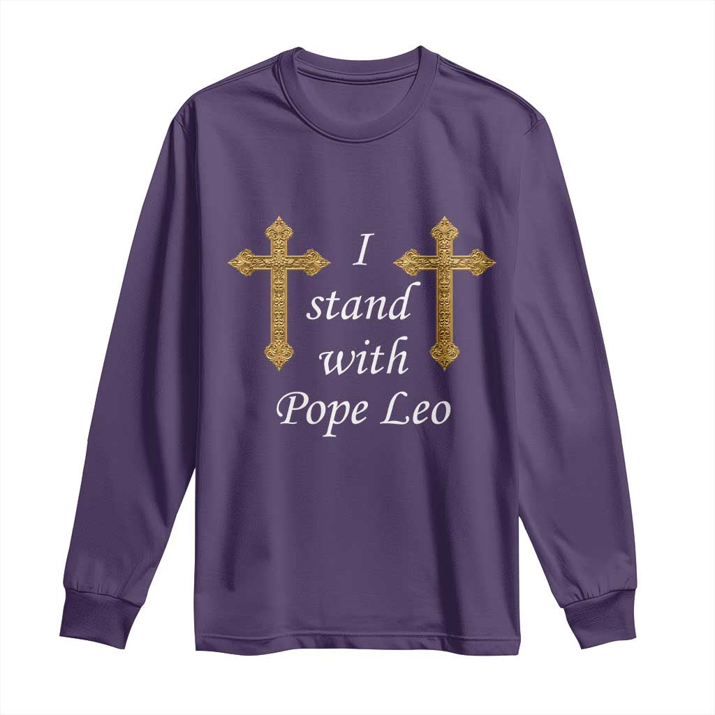 I Stand With Pope Leo Faith Graphic Long Sleeve Shirt Catholic Ornate Gold Cross