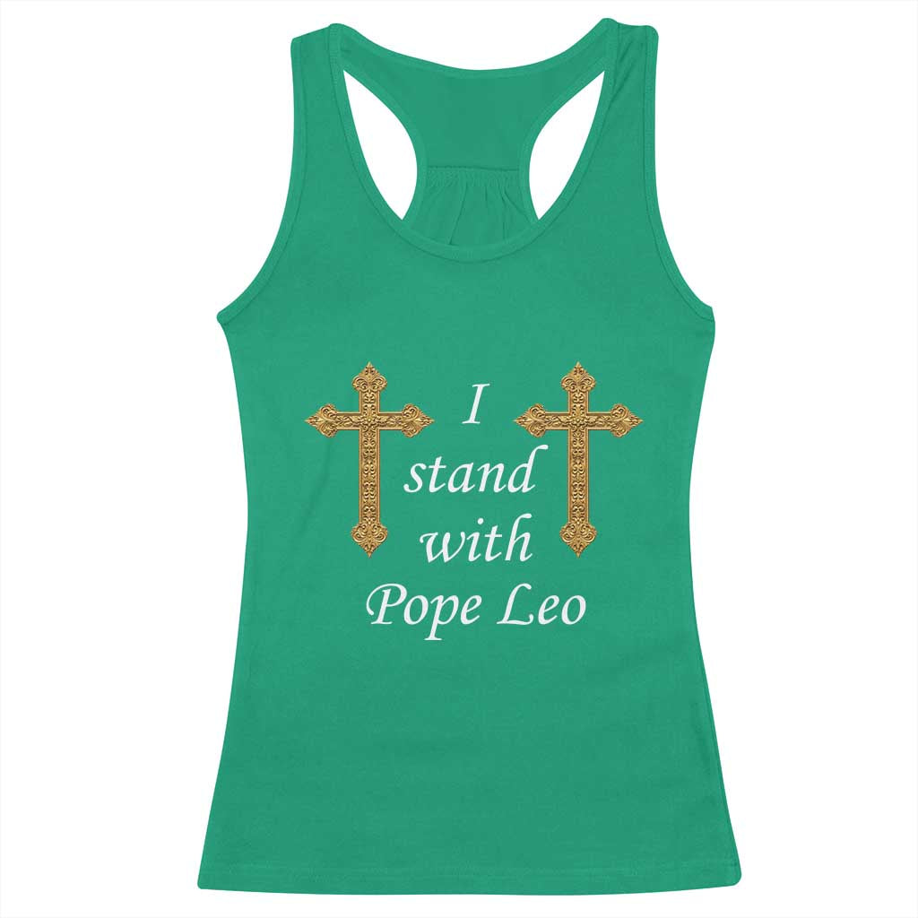 I Stand With Pope Leo Faith Graphic Racerback Tank Top Catholic Ornate Gold Cross