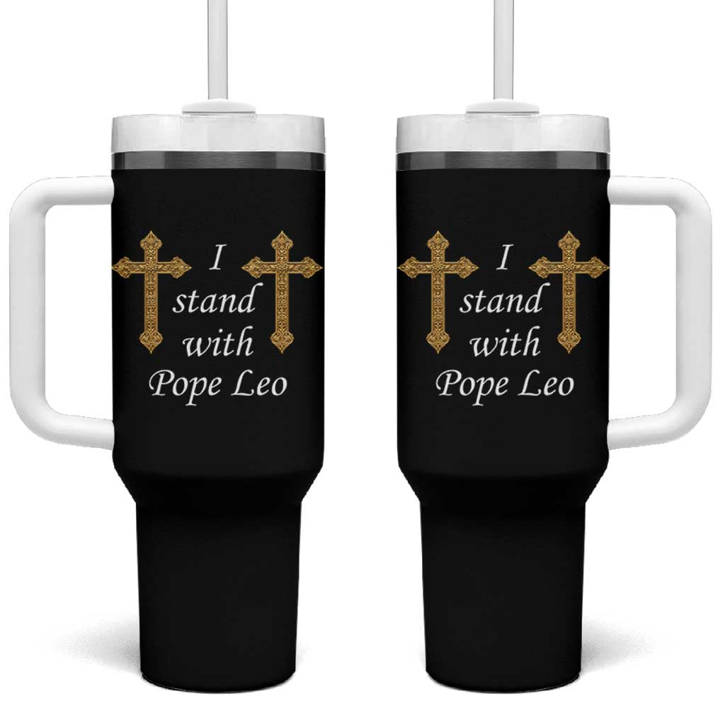 I Stand With Pope Leo Faith Graphic Tumbler With Handle Catholic Ornate Gold Cross