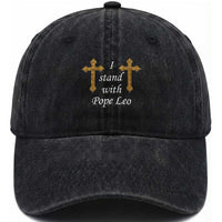 I Stand With Pope Leo Faith Graphic Washed Cotton Baseball Cap Catholic Ornate Gold Cross