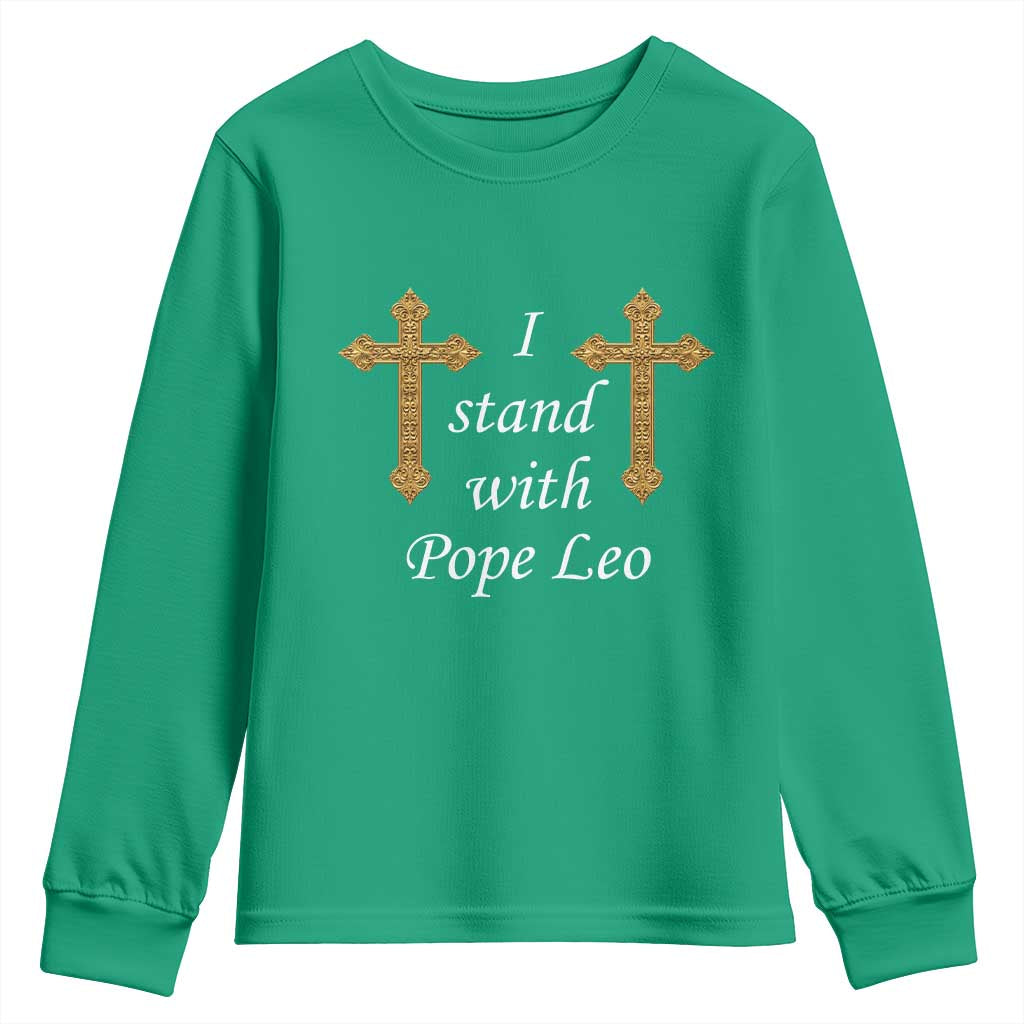 I Stand With Pope Leo Faith Graphic Youth Sweatshirt Catholic Ornate Gold Cross