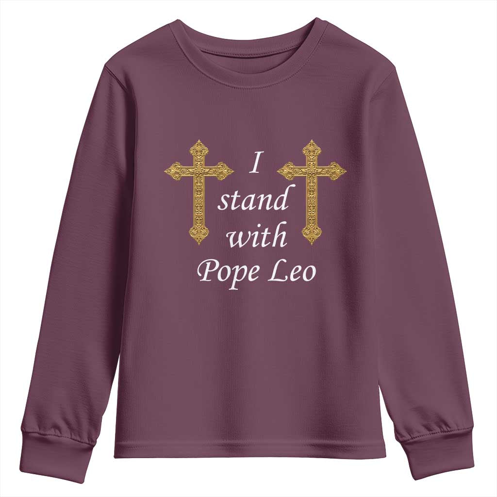 I Stand With Pope Leo Faith Graphic Youth Sweatshirt Catholic Ornate Gold Cross