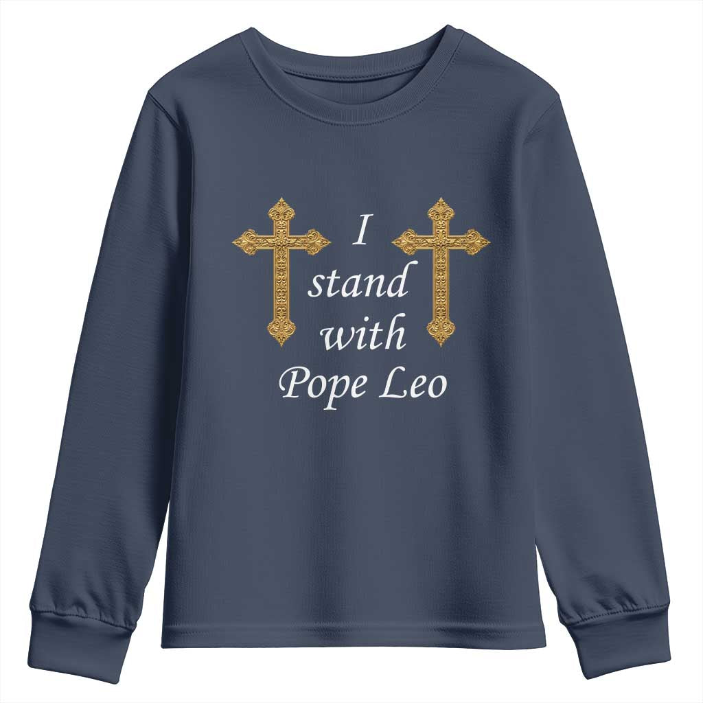 I Stand With Pope Leo Faith Graphic Youth Sweatshirt Catholic Ornate Gold Cross