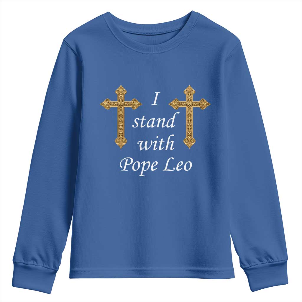 I Stand With Pope Leo Faith Graphic Youth Sweatshirt Catholic Ornate Gold Cross