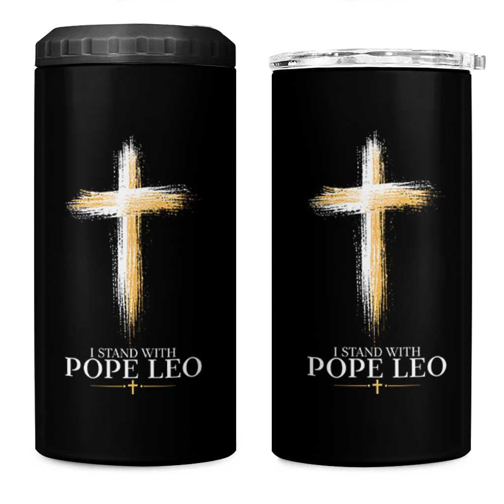 I Stand With Pope Leo Brushstroke Cross 4 in 1 Can Cooler Tumbler Religious Christian Witness
