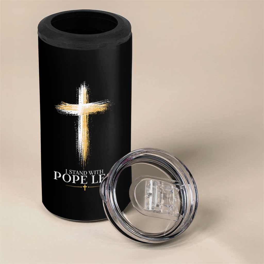 I Stand With Pope Leo Brushstroke Cross 4 in 1 Can Cooler Tumbler Religious Christian Witness