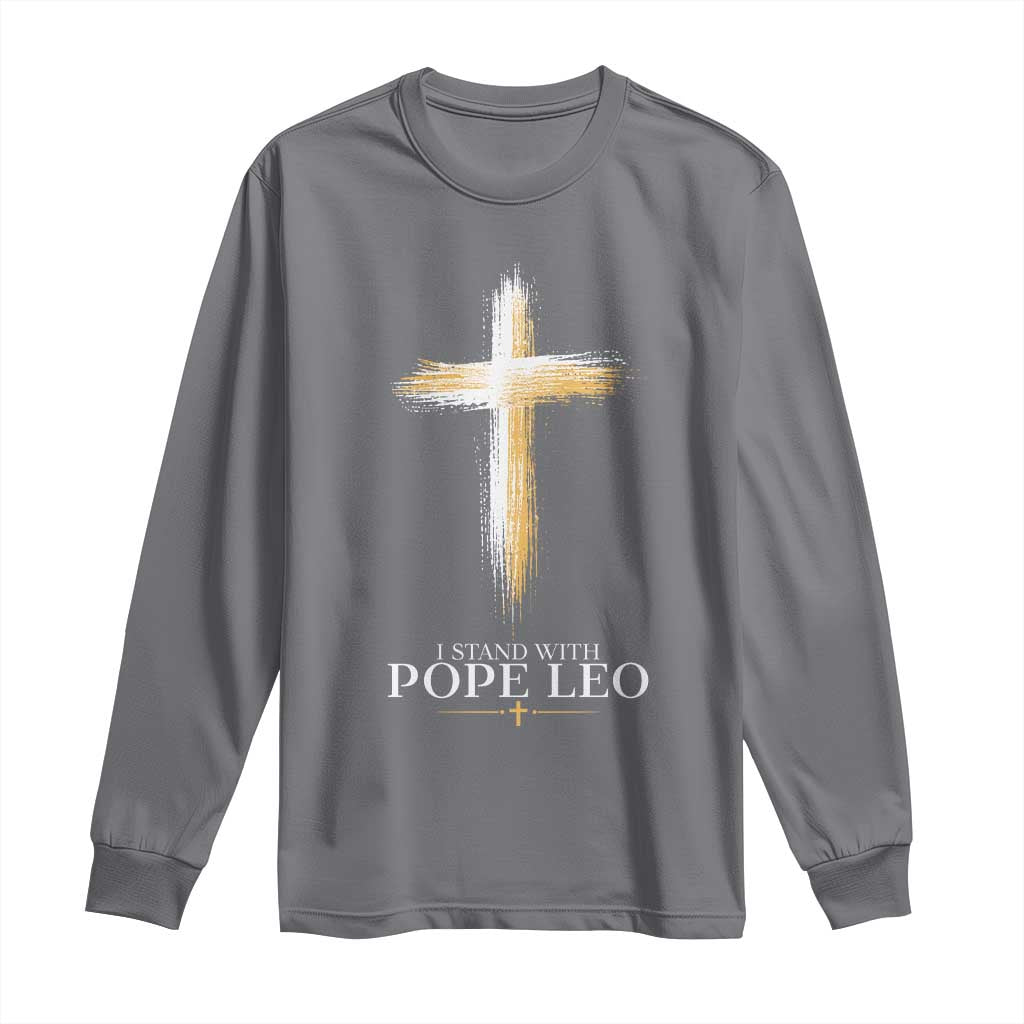 I Stand With Pope Leo Brushstroke Cross Long Sleeve Shirt Religious Christian Witness