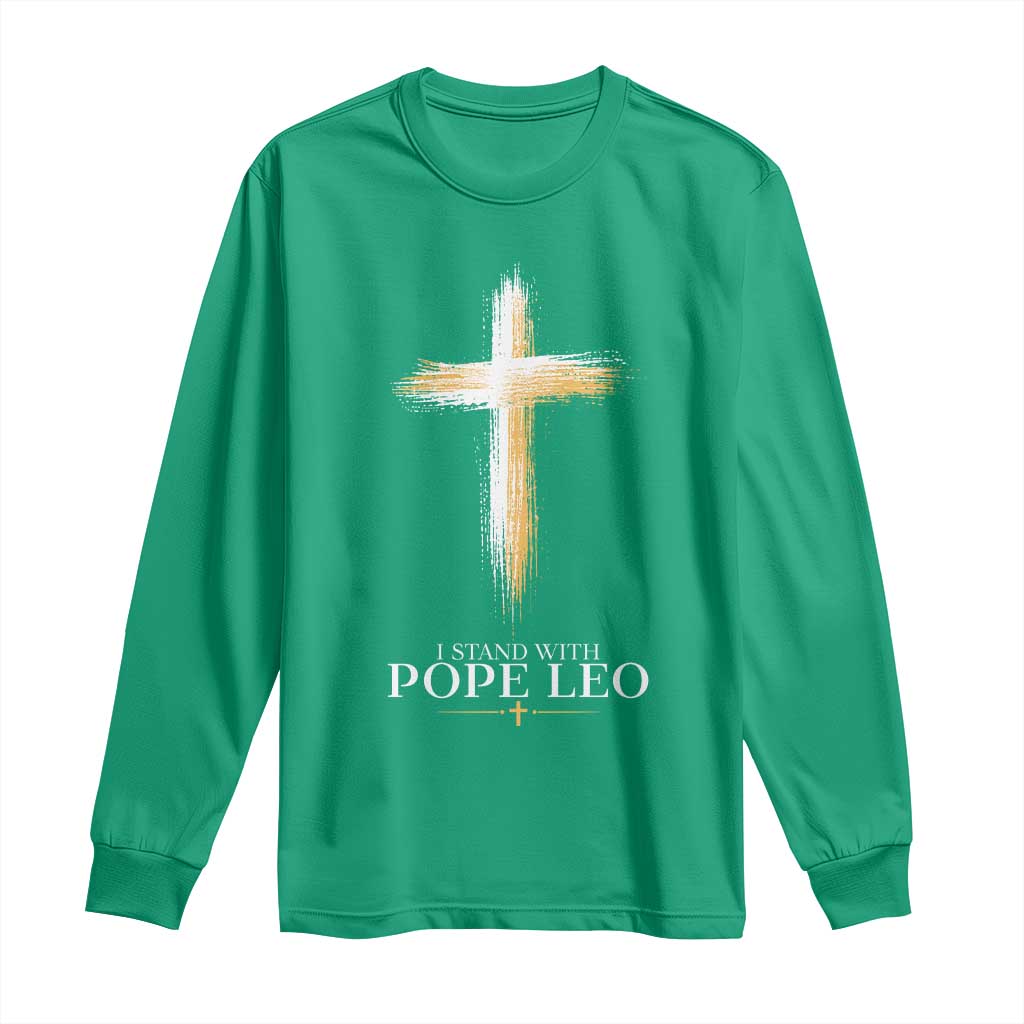 I Stand With Pope Leo Brushstroke Cross Long Sleeve Shirt Religious Christian Witness