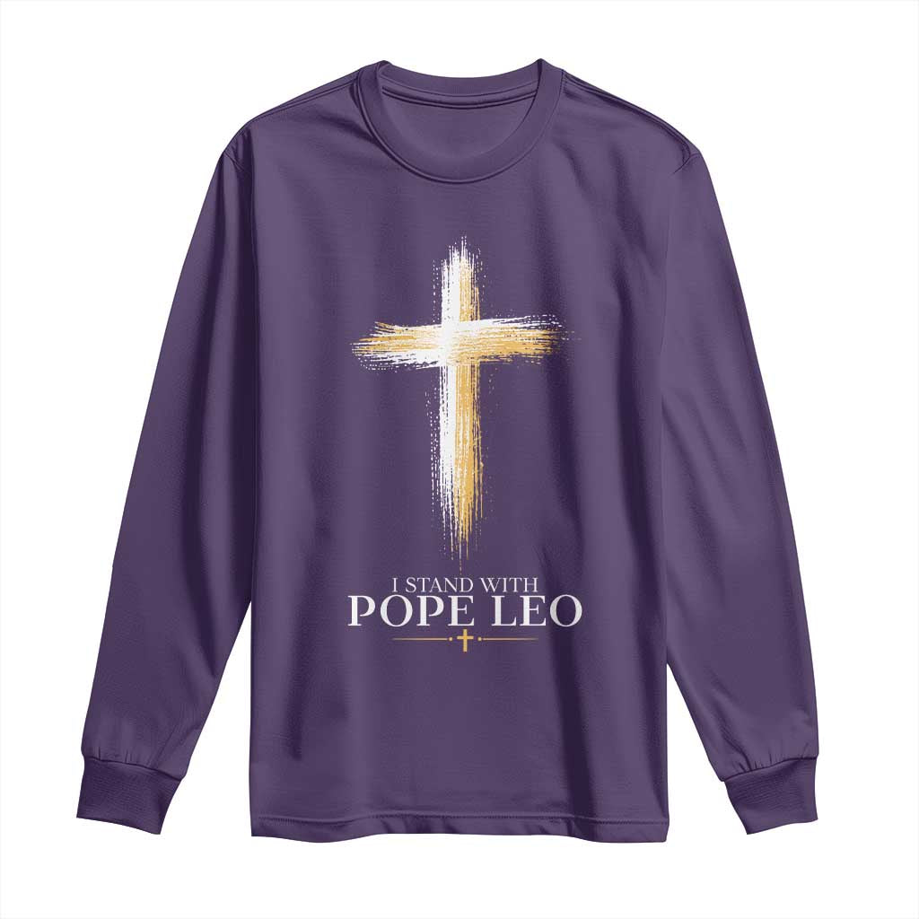 I Stand With Pope Leo Brushstroke Cross Long Sleeve Shirt Religious Christian Witness