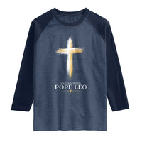 I Stand With Pope Leo Brushstroke Cross Raglan Shirt Religious Christian Witness