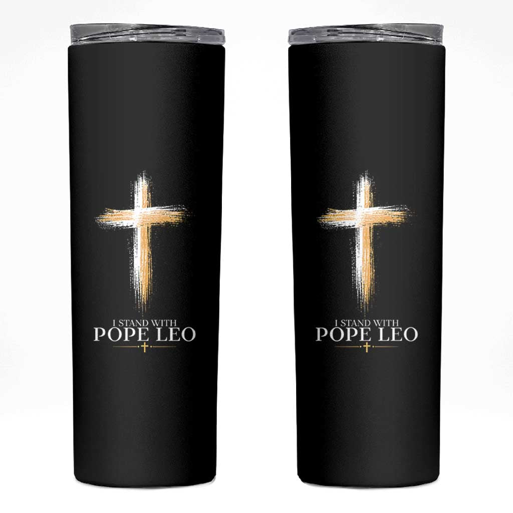 I Stand With Pope Leo Brushstroke Cross Skinny Tumbler Religious Christian Witness