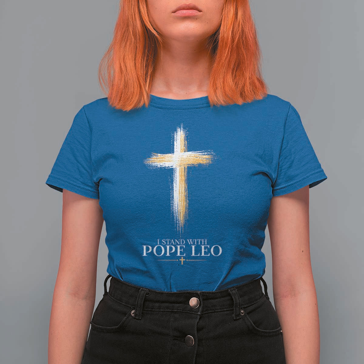 I Stand With Pope Leo Brushstroke Cross T Shirt For Women Religious Christian Witness