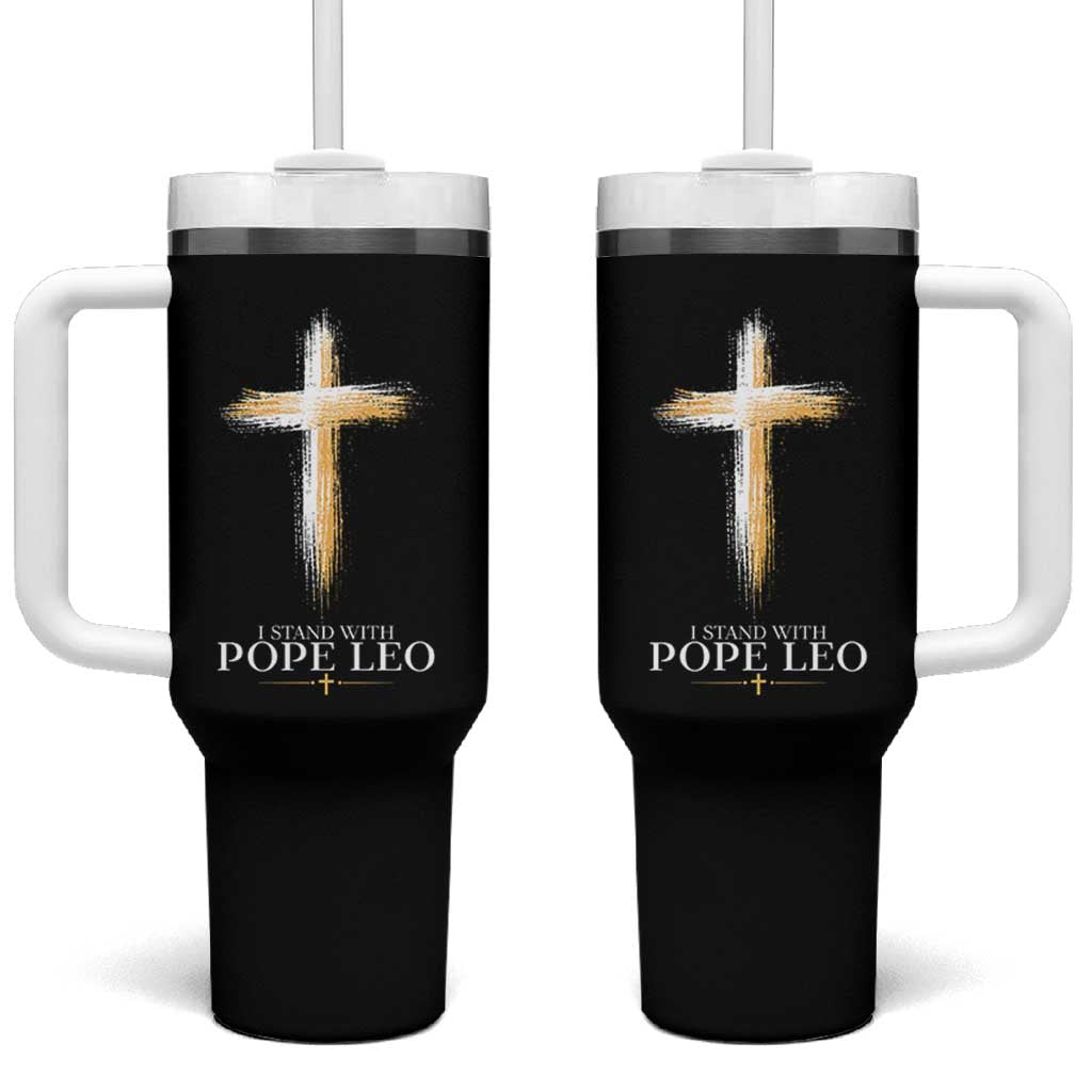 I Stand With Pope Leo Brushstroke Cross Tumbler With Handle Religious Christian Witness