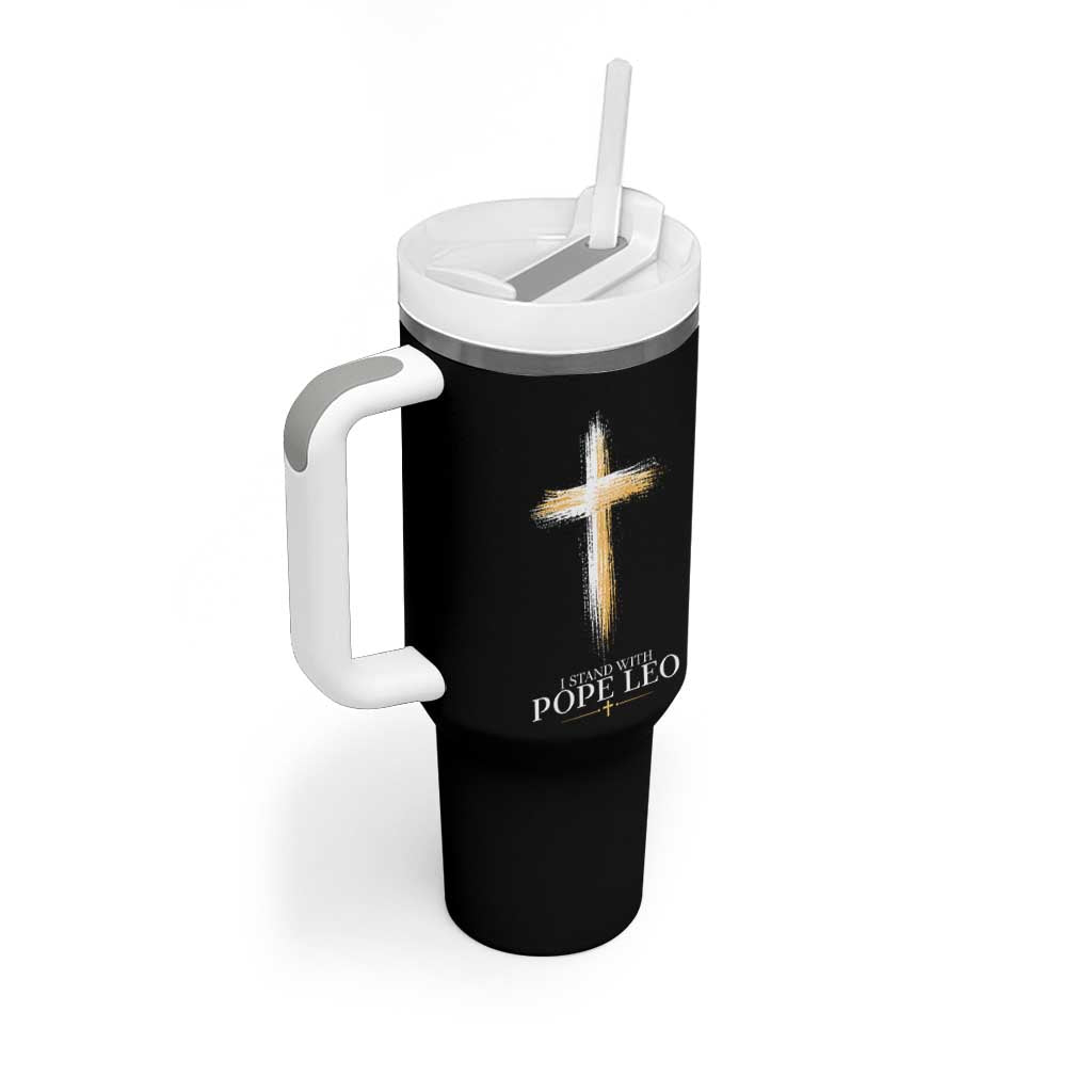 I Stand With Pope Leo Brushstroke Cross Tumbler With Handle Religious Christian Witness