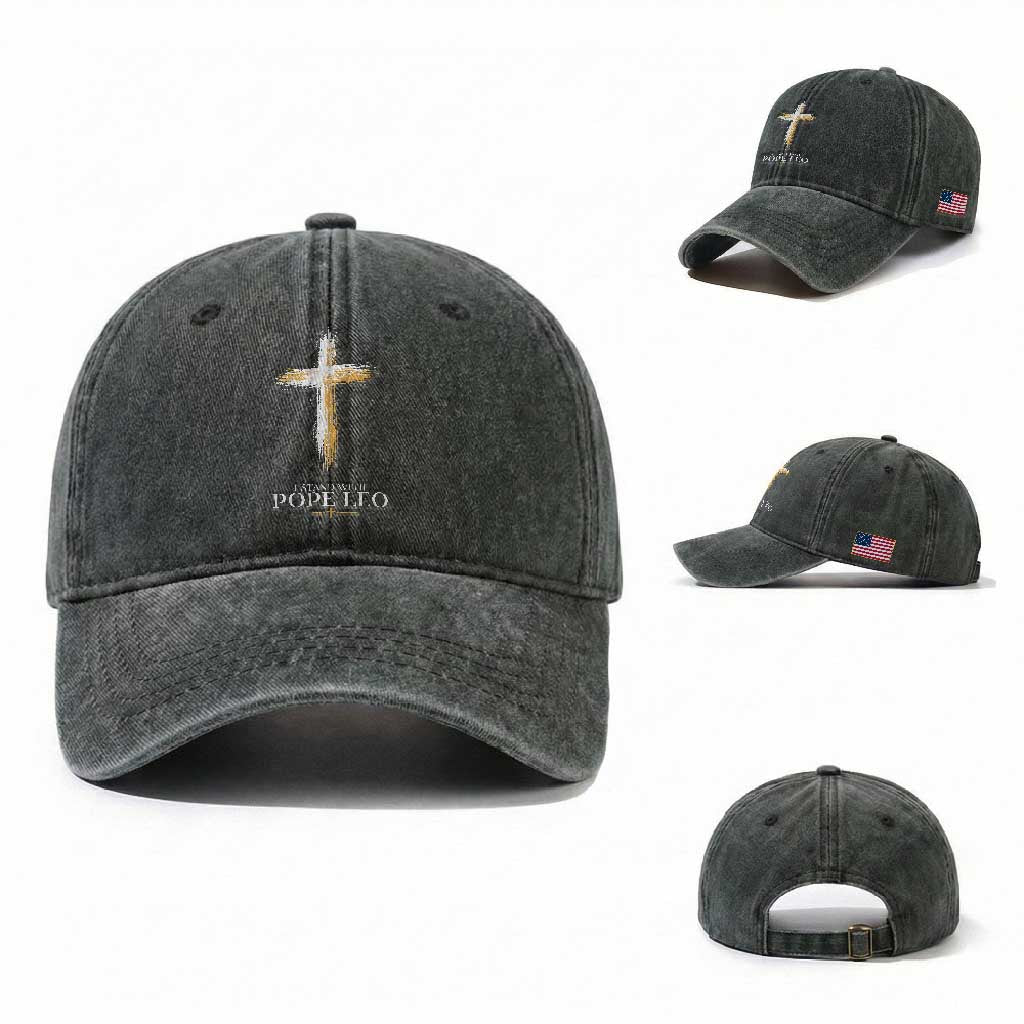 I Stand With Pope Leo Brushstroke Cross Washed Cotton Baseball Cap Religious Christian Witness
