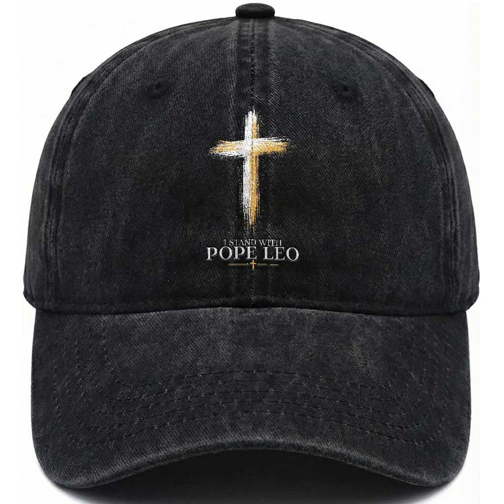 I Stand With Pope Leo Brushstroke Cross Washed Cotton Baseball Cap Religious Christian Witness