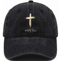 I Stand With Pope Leo Brushstroke Cross Washed Cotton Baseball Cap Religious Christian Witness