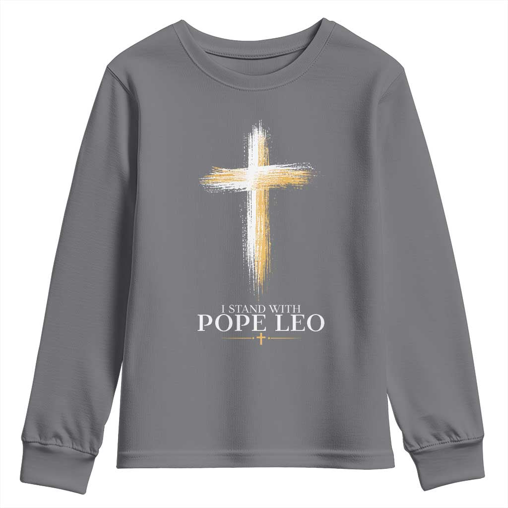 I Stand With Pope Leo Brushstroke Cross Youth Sweatshirt Religious Christian Witness