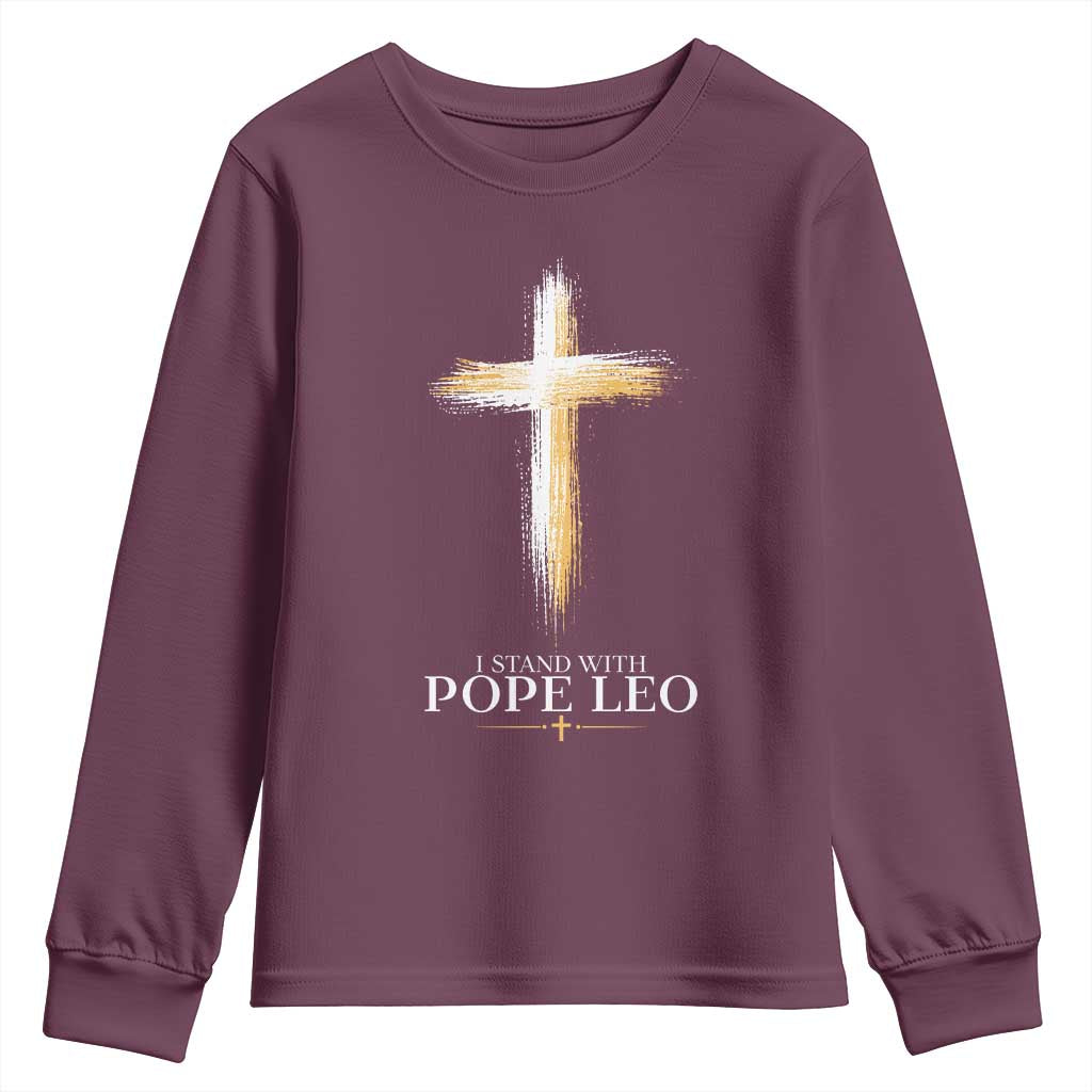 I Stand With Pope Leo Brushstroke Cross Youth Sweatshirt Religious Christian Witness