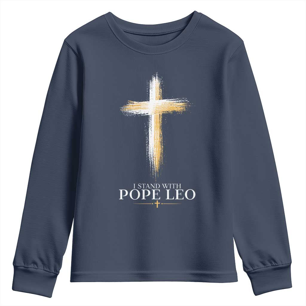 I Stand With Pope Leo Brushstroke Cross Youth Sweatshirt Religious Christian Witness