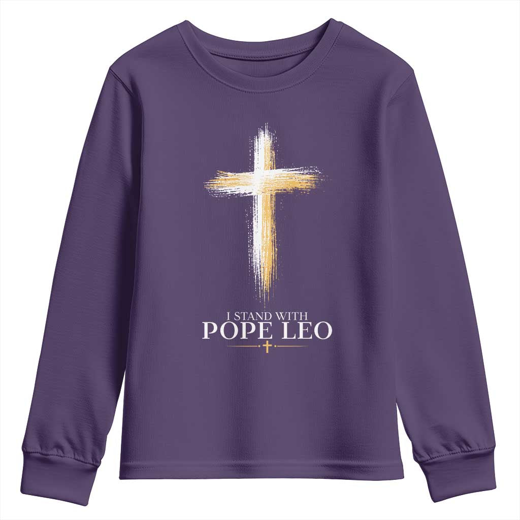 I Stand With Pope Leo Brushstroke Cross Youth Sweatshirt Religious Christian Witness