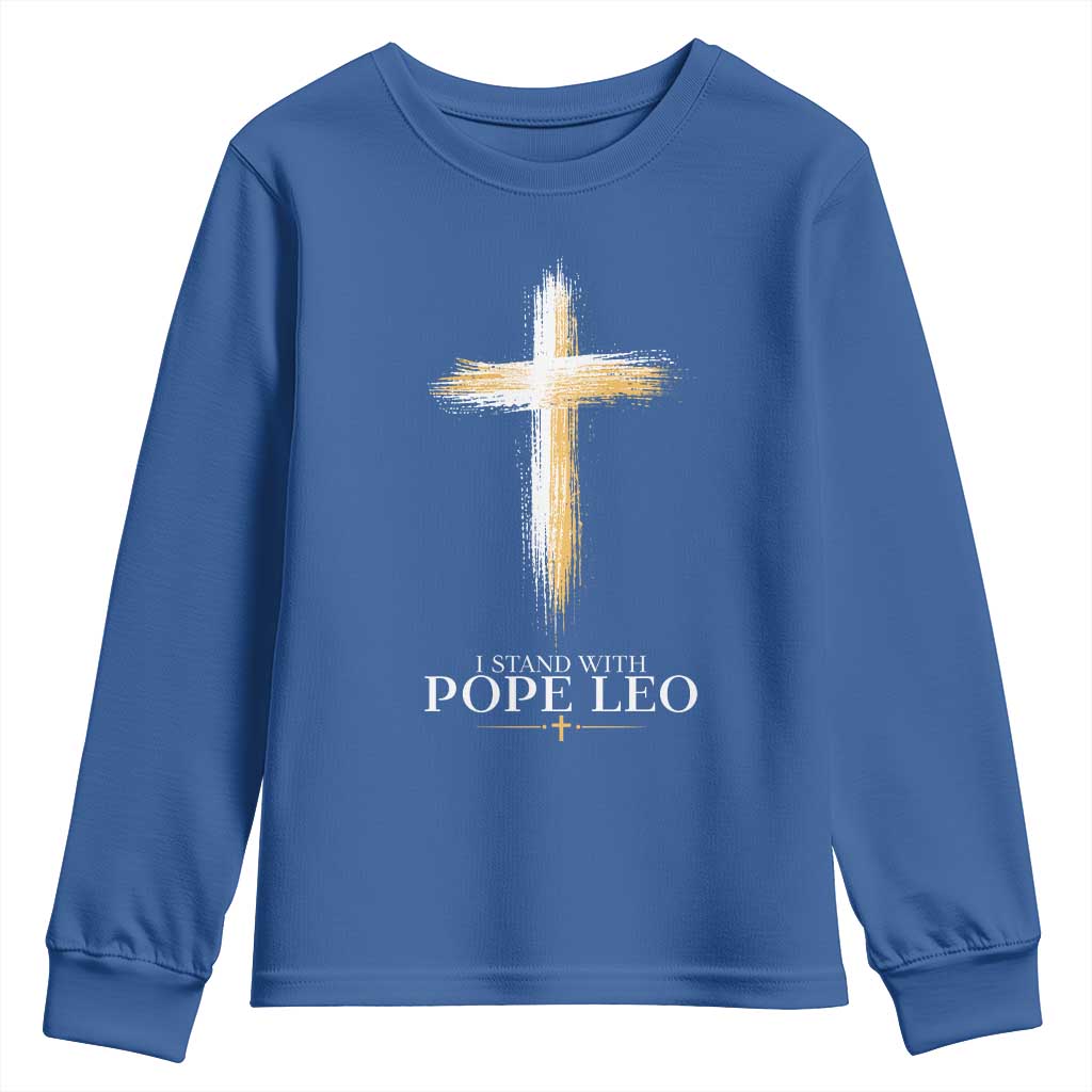 I Stand With Pope Leo Brushstroke Cross Youth Sweatshirt Religious Christian Witness
