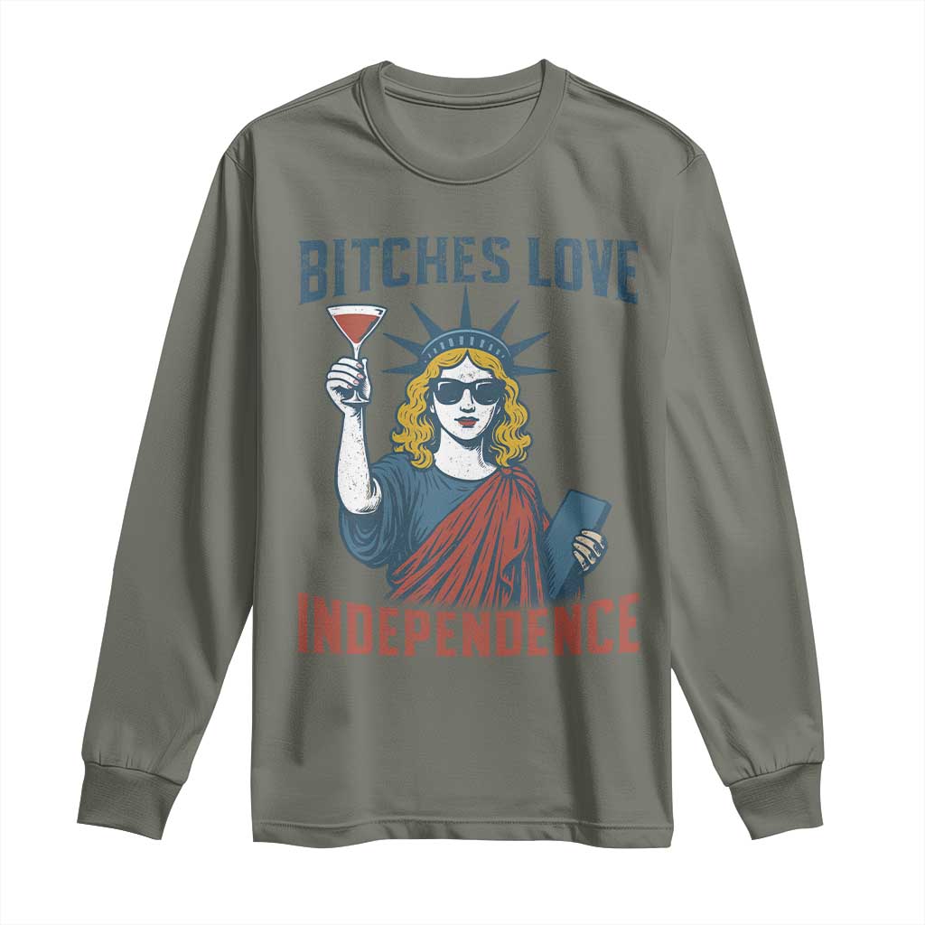 Funny 4th of July Statue of Liberty Cocktail Long Sleeve Shirt Retro Bitches Love Independence