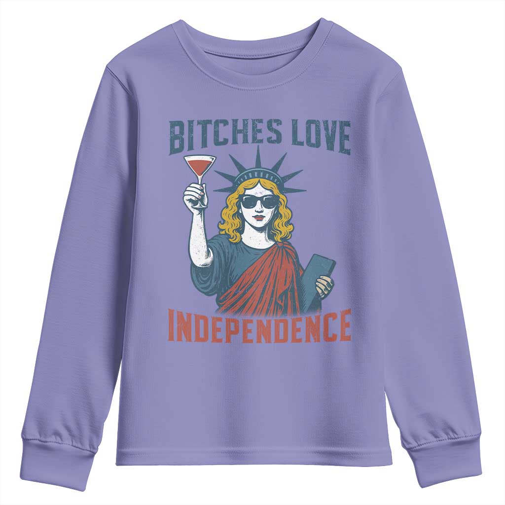 Funny 4th of July Statue of Liberty Cocktail Youth Sweatshirt Retro Bitches Love Independence