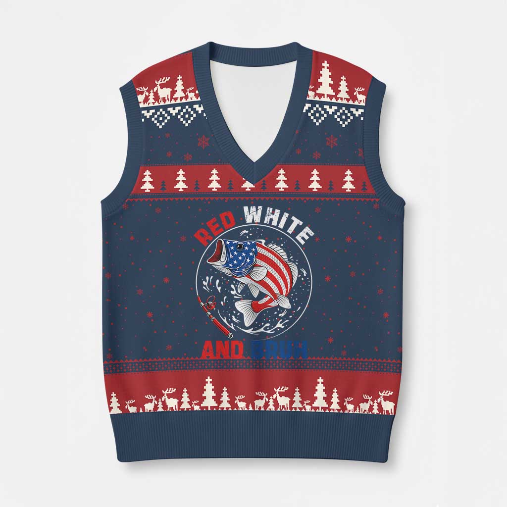 Red White And Bruh Fishing V-Neck Knit Sweater Vest Funny Patriotic Bass 4th Of July American Flag - Wonder Print Shop