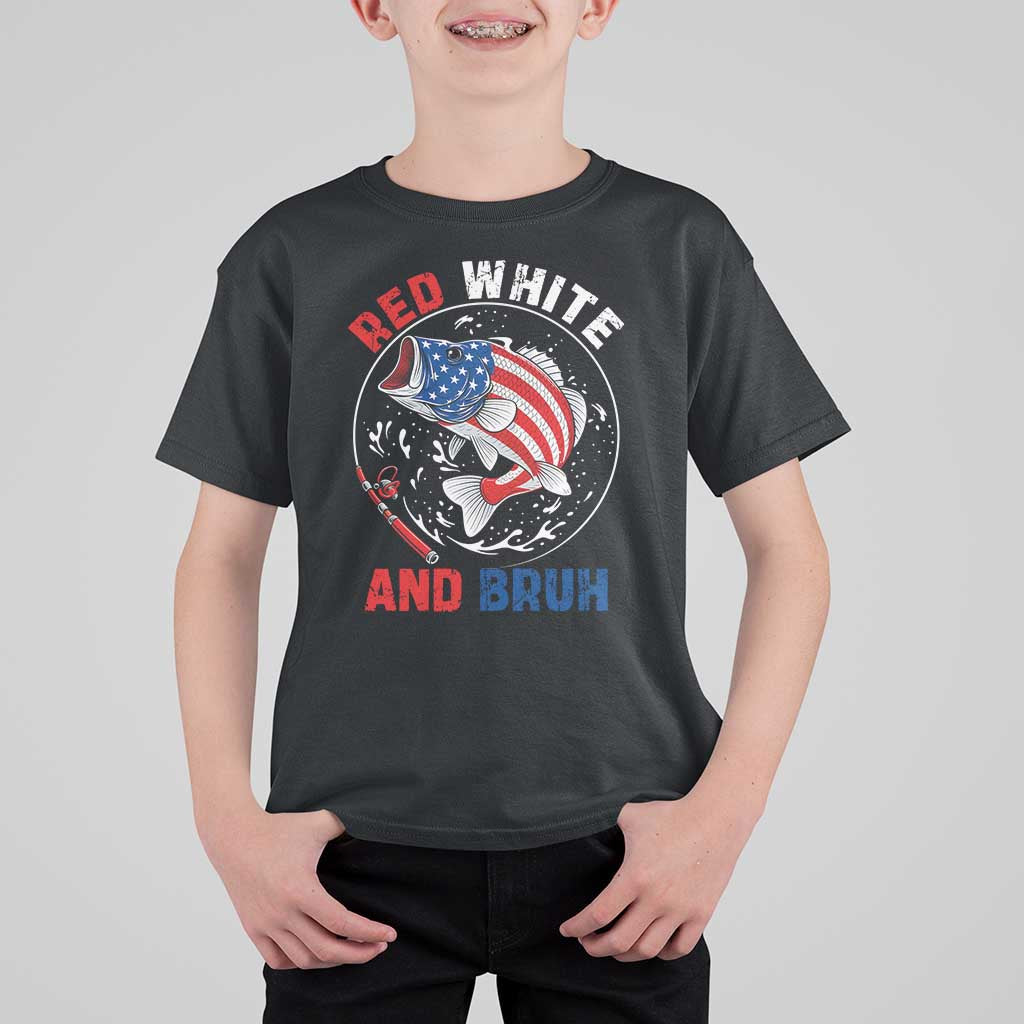 Red White And Bruh Fishing T Shirt For Kid Funny Patriotic Bass 4th Of July American Flag