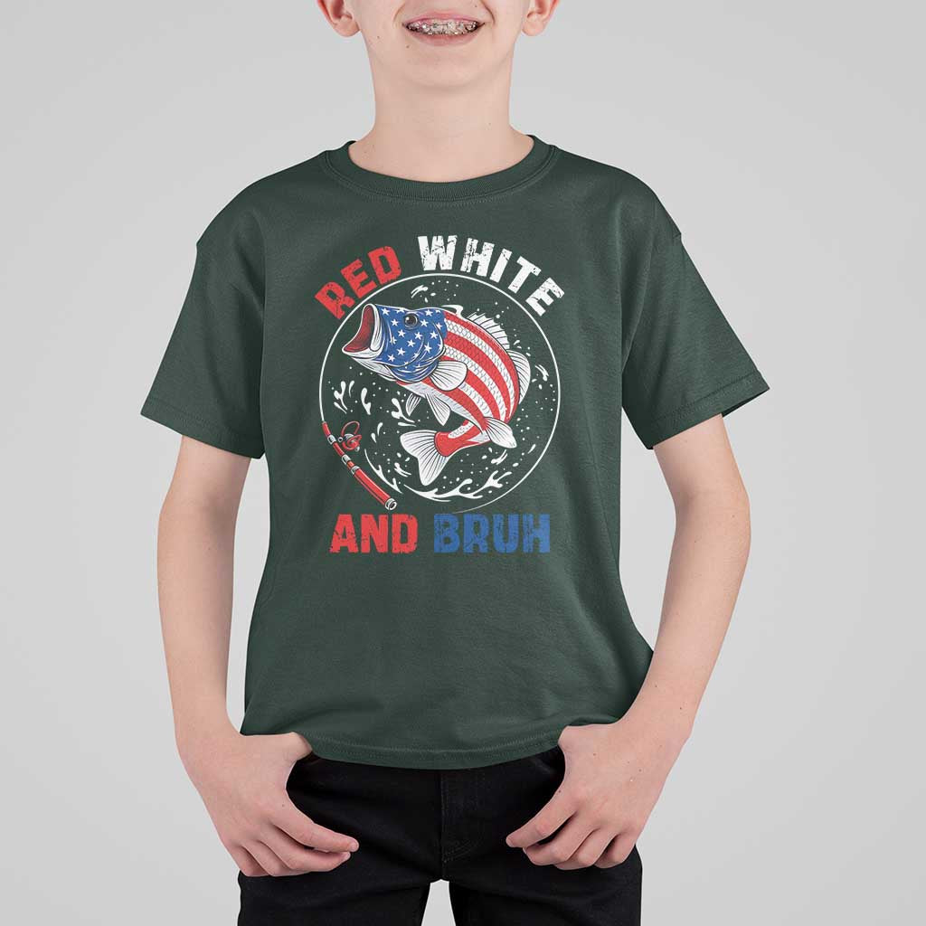 Red White And Bruh Fishing T Shirt For Kid Funny Patriotic Bass 4th Of July American Flag