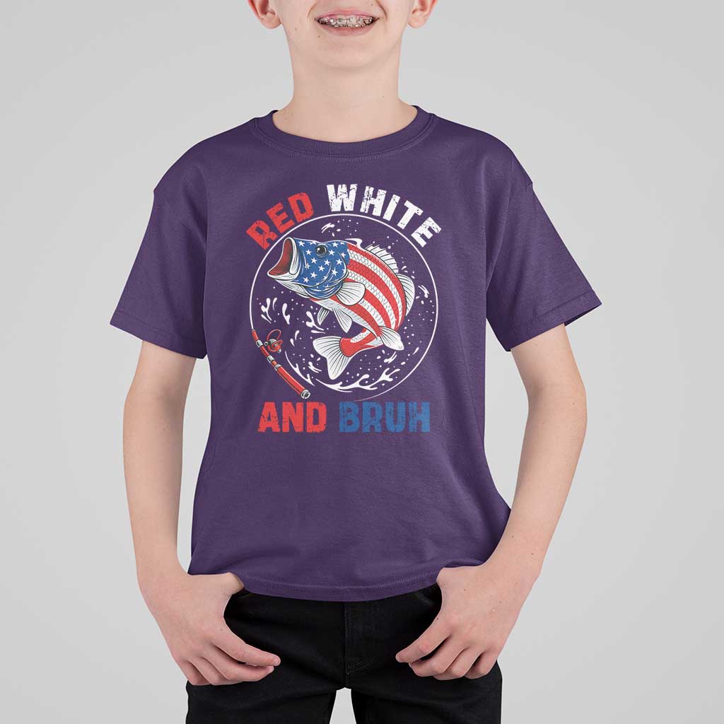 Red White And Bruh Fishing T Shirt For Kid Funny Patriotic Bass 4th Of July American Flag