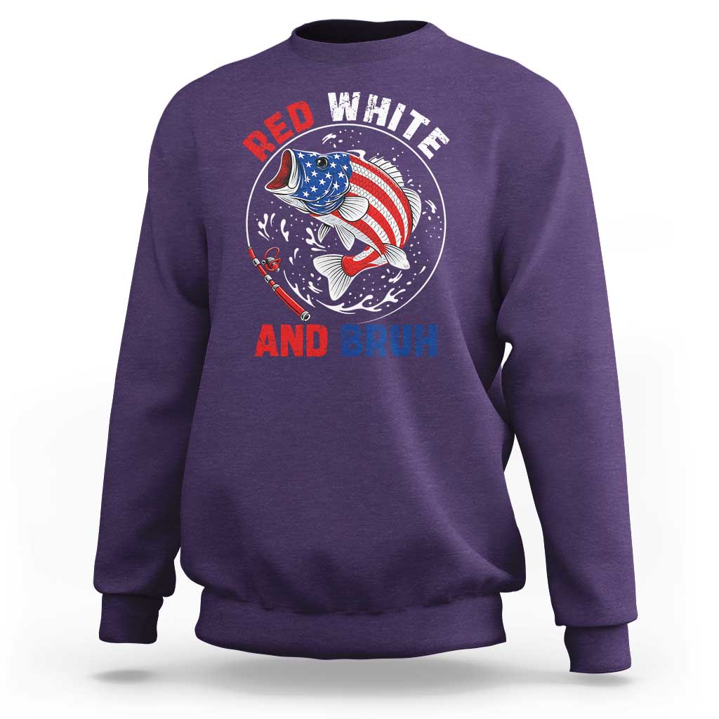 Red White And Bruh Fishing Sweatshirt Funny Patriotic Bass 4th Of July American Flag