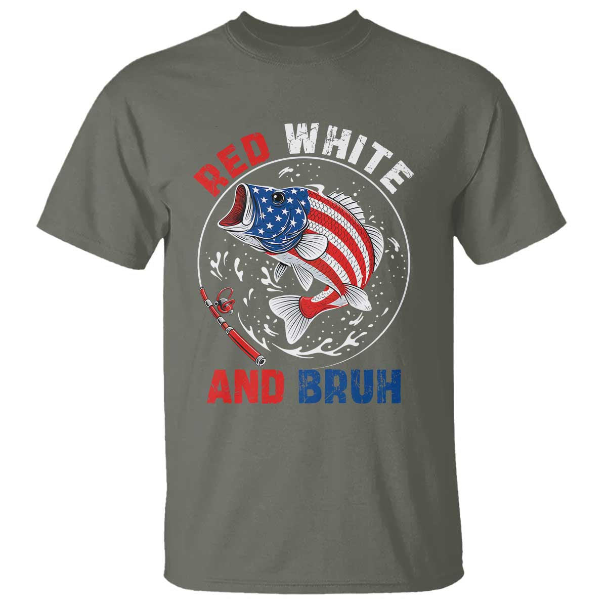 Red White And Bruh Fishing T Shirt Funny Patriotic Bass 4th Of July American Flag