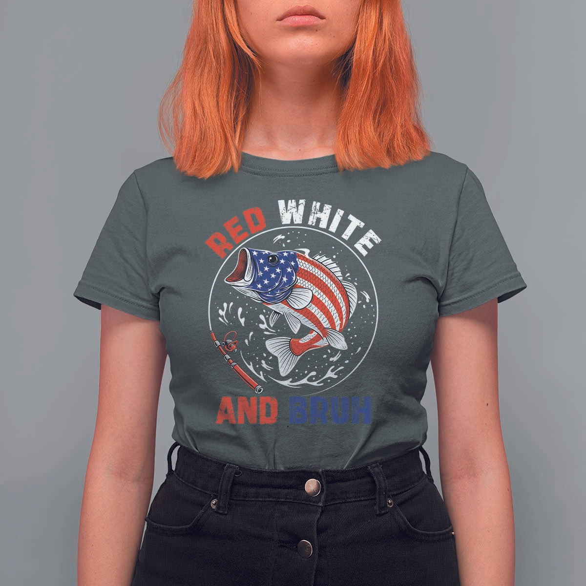 Red White And Bruh Fishing T Shirt For Women Funny Patriotic Bass 4th Of July American Flag
